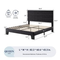 Allewie Queen Size Platform Bed Frame With Velvet Upholstered Headboard And Wooden Slats Support, Fully Upholstered Mattress Foundation/No Box Spring Needed/Easy Assembly, Black