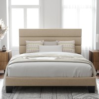 Allewie Queen Size Platform Bed Frame With Fabric Upholstered Headboard And Wooden Slats Support Fully Upholstered Mattress Fou