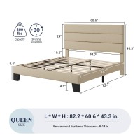 Allewie Queen Size Platform Bed Frame With Fabric Upholstered Headboard And Wooden Slats Support Fully Upholstered Mattress Fou