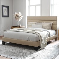 Allewie Queen Size Platform Bed Frame With Fabric Upholstered Headboard And Wooden Slats Support Fully Upholstered Mattress Fou