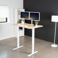 Vivo Electric Height Adjustable 48 X 30 Inch Memory Stand Up Desk, Light Wood Solid One-Piece Table Top, White Frame, Standing Workstation With Preset Controller, 1B Series, Desk-Kit-1W5C