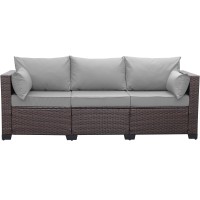 Waroom Patio Couch Pe Wicker Outdoor 3-Seat Sofa Brown Rattan Furniture Set Deep Seating With Anti-Slip Grey Cushion