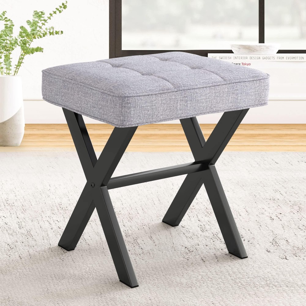 Lue Bona Vanity Stool, Square Linen Makeup Stool With Metal X Legs, Small Ottoman Stool Chair For Vanity, Modern Padded Vanity Seat Foot Rest Stool For Makeup Room, Living Room, Bathroom, Dark Gray