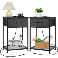 Smusei Black Nightstand Set Of 2 With Charging Station And Fabric Drawer 2 Tier End Table With Usb Ports And Outlets Small Bedside Table Set Of 2 Side Table For Bedroom Living Room Guest Room