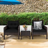 Kotek 3 Piece Patio Furniture Set, Outdoor Wicker Conversation Bistro Set With 4 Cushions, All Weather Pe Rattan Furniture Set For Garden, Backyard, Porch, Poolside (Black)