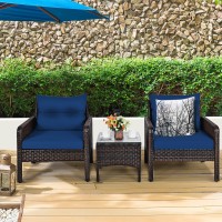 Kotek 3 Piece Patio Furniture Set, Outdoor Wicker Conversation Bistro Set With 4 Cushions, All Weather Pe Rattan Furniture Set For Garden, Backyard, Porch, Poolside (Navy Blue)