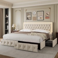 Keyluv Full Upholstered Led Bed Frame With 4 Drawers Velvet Platform Storage Bed With Adjustable Button Tufted Headboard And So