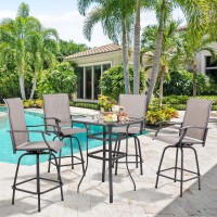 Vongrasig 5 Piece Patio Swivel Bar Set All Weather Mental Textilene High Swivel Bar Stools Chair Set Of 4 And High Glass Bar Ta