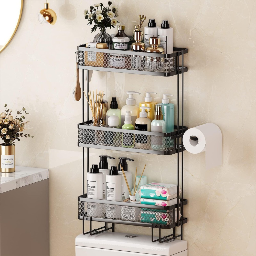 Over Toilet Bathroom Organizer,Over The Toilet Storage Shelf With Toilet Paper Holder,Bathroom Storage Over The Toilet,Toilet Tank Basket,Over Toilet Organizer,3 Tier Bathroom Shelf Over Toilet Black