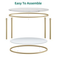 Yitahome White Marble Round Coffee Table With Glass For Living Room, 2-Tier Circle Coffee Table With Storage Clear Coffee Table, Simple Modern Center Cocktail Table, White & Gold