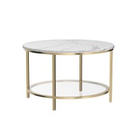 Yitahome White Marble Round Coffee Table With Glass For Living Room, 2-Tier Circle Coffee Table With Storage Clear Coffee Table, Simple Modern Center Cocktail Table, White & Gold