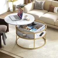 Yitahome Round Lift Top Coffee Table, Coffee Tables For Living Room With Hidden Storage Compartment, Modern Coffee Table With Storage For Home Office,Round Center Tables Living Room,White And Gold