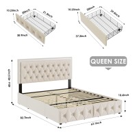 Keyluv Queen Upholstered Led Bed Frame With 4 Drawers Velvet Platform Storage Bed With Adjustable Button Tufted Headboard And S