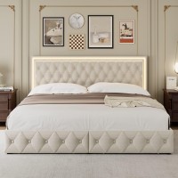 Keyluv Queen Upholstered Led Bed Frame With 4 Drawers Velvet Platform Storage Bed With Adjustable Button Tufted Headboard And S