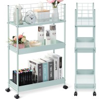 Kingrack Slim Storage Cart, 3-Tier Metal Utility Rolling Cart With Wheels,Slide Out Storage Cart, Skinny Storage Rolling Cart,Storage Trolley Cart For Office Kitchen Bathroom Narrow Place,Mint Green