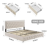 Keyluv King Upholstered Led Bed Frame With 4 Drawers Velvet Platform Storage Bed With Adjustable Button Tufted Headboard And So