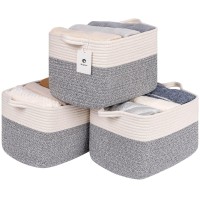 Laughbird Baskets For Organizing Large Rectangular Woven Basket Cotton Rope Shelf Storage White With Handles For Shelves Nursery Cube Bin,Decorative Storage Organizer For Living Room White/Grey 3Bags