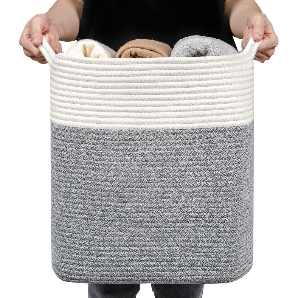 Laughbird Laundry Basket,Small Slim Laundry Hamper,Tall Cotton Storage Basket,Decorative Blanket Basket For Living,Collapsible Large Basket For Toys,Dirty Clothes Baby Pillows,Clothes Bin(White/Grey)