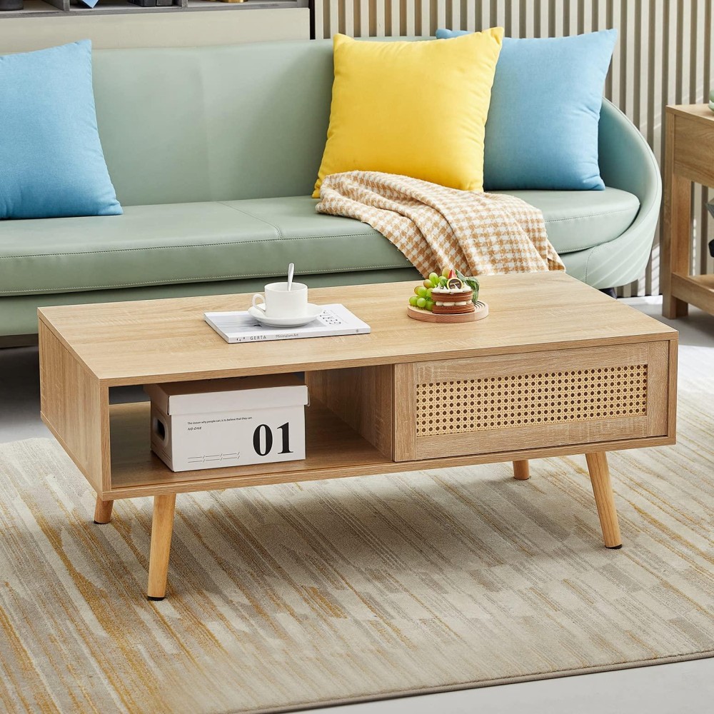 Ganooly Mid Century Modern Coffee Table With Storage, 41.3 Inch Rectangle Wooden Accent Center Tables With Sliding Pe Rattan Woven Door Panel And Solid Wood Legs, Suitable For Living Room, Apartment