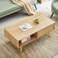 Ganooly Mid Century Modern Coffee Table With Storage, 41.3 Inch Rectangle Wooden Accent Center Tables With Sliding Pe Rattan Woven Door Panel And Solid Wood Legs, Suitable For Living Room, Apartment