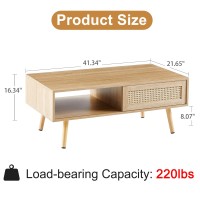 Ganooly Mid Century Modern Coffee Table With Storage, 41.3 Inch Rectangle Wooden Accent Center Tables With Sliding Pe Rattan Woven Door Panel And Solid Wood Legs, Suitable For Living Room, Apartment