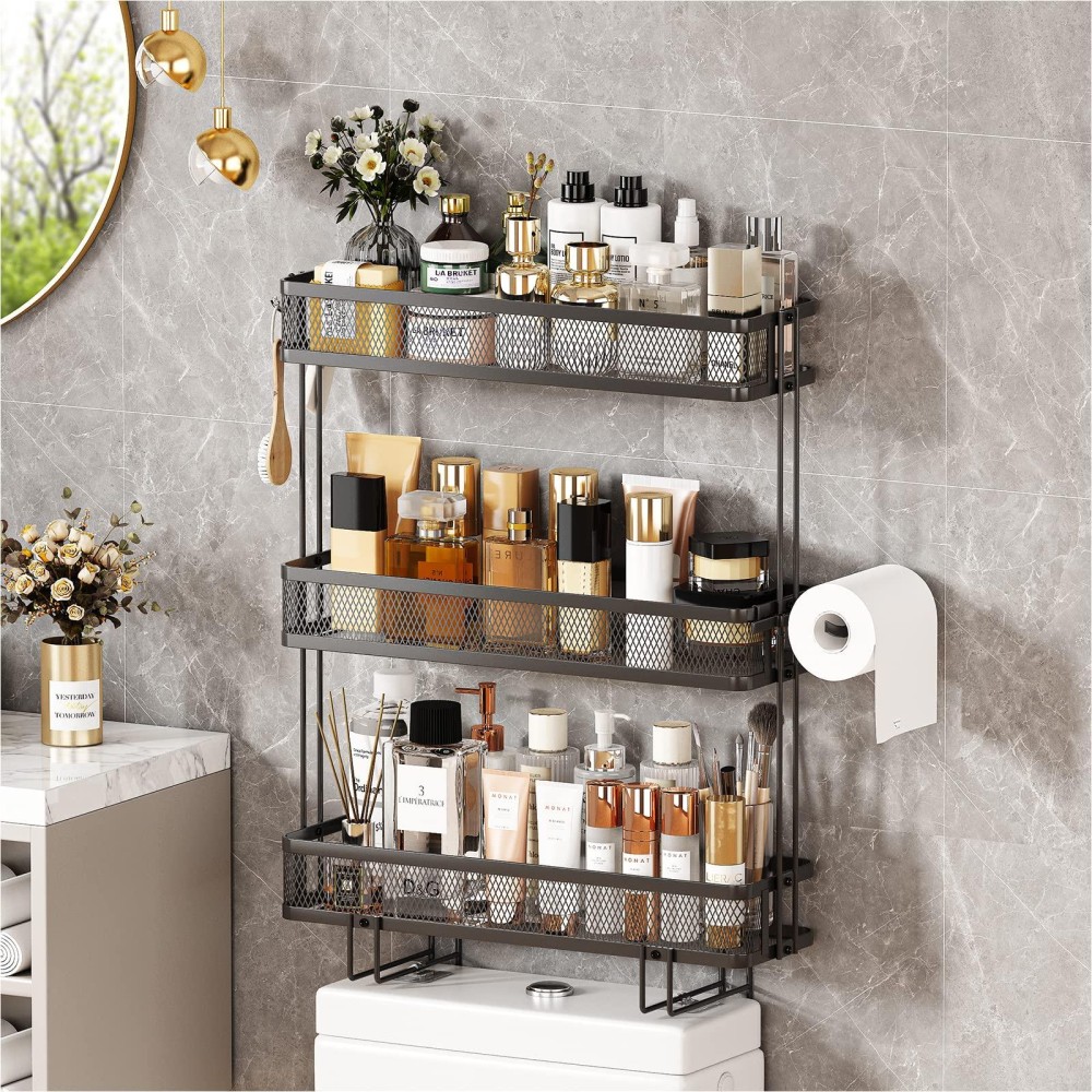 Over Toilet Bathroom Organizer,Over The Toilet Storage Shelf With Toilet Paper Holder,Bathroom Storage Over The Toilet,Toilet Tank Basket,Over Toilet Organizer,3 Tier Bathroom Shelf Over Toilet Black