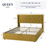 Allewie Queen Size Lift Up Storage Bed Button Tufted Headboard With Wingback No Box Spring Needed Hydraulic Storage Olive Ye