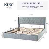 Allewie King Size Lift Up Storage Bed Button Tufted Headboard With Wingback No Box Spring Needed Hydraulic Storage Grey Blue