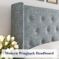 Allewie King Size Lift Up Storage Bed Button Tufted Headboard With Wingback No Box Spring Needed Hydraulic Storage Grey Blue