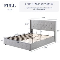 Allewie Full Size Lift Up Storage Bed Button Tufted Headboard With Wingback No Box Spring Needed Hydraulic Storage Light Gre