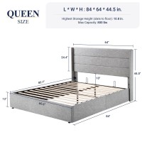 Allewie Queen Size Lift Up Storage Bed Modern Wingback Headboard No Box Spring Needed Hydraulic Storage Light Grey