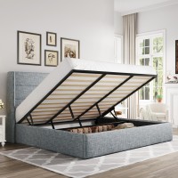 Allewie King Size Lift Up Storage Bed Modern Wingback Headboard No Box Spring Needed Hydraulic Storage Grey Blue