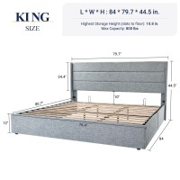 Allewie King Size Lift Up Storage Bed Modern Wingback Headboard No Box Spring Needed Hydraulic Storage Grey Blue