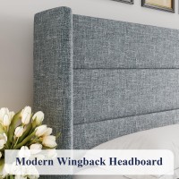 Allewie King Size Lift Up Storage Bed Modern Wingback Headboard No Box Spring Needed Hydraulic Storage Grey Blue