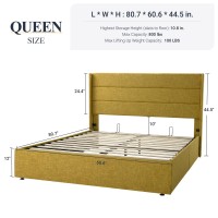 Allewie Queen Size Lift Up Storage Bed Modern Wingback Headboard No Box Spring Needed Hydraulic Storage Olive Yellow