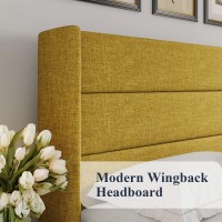 Allewie Queen Size Lift Up Storage Bed Modern Wingback Headboard No Box Spring Needed Hydraulic Storage Olive Yellow