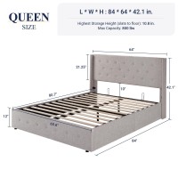 Allewie Queen Size Lift Up Storage Bed Button Tufted Headboard With Wingback No Box Spring Needed Hydraulic Storage Light Be