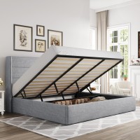 Allewie King Size Lift Up Storage Bed Modern Wingback Headboard No Box Spring Needed Hydraulic Storage Light Grey