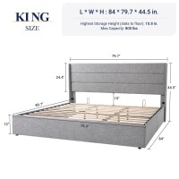 Allewie King Size Lift Up Storage Bed Modern Wingback Headboard No Box Spring Needed Hydraulic Storage Light Grey