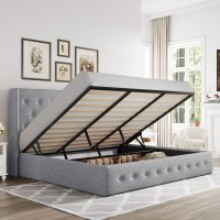 Allewie King Size Lift Up Storage Bed Button Tufted Headboard With Wingback No Box Spring Needed Hydraulic Storage Light Gre