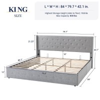 Allewie King Size Lift Up Storage Bed Button Tufted Headboard With Wingback No Box Spring Needed Hydraulic Storage Light Gre