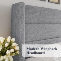 Allewie Full Size Lift Up Storage Bed Modern Wingback Headboard No Box Spring Needed Hydraulic Storage Light Grey