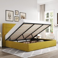 Allewie King Size Lift Up Storage Bed Modern Wingback Headboard No Box Spring Needed Hydraulic Storage Olive Yellow