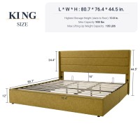 Allewie King Size Lift Up Storage Bed Modern Wingback Headboard No Box Spring Needed Hydraulic Storage Olive Yellow