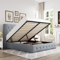 Allewie Full Size Lift Up Storage Bed Button Tufted Headboard With Wingback No Box Spring Needed Hydraulic Storage Grey Blue