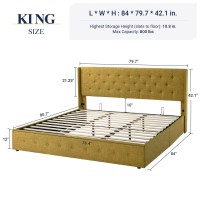 Allewie King Size Lift Up Storage Bed Button Tufted Headboard With Wingback No Box Spring Needed Hydraulic Storage Olive Yel