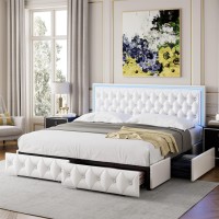 Keyluv Queen Upholstered Led Bed Frame With 4 Drawers Pu Leather Platform Storage Bed With Adjustable Button Tufted Headboard A