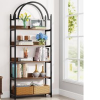 Tribesigns 5-Shelf Arched Bookcase, Industrial Metal Etagere Open Bookshelf, Rustic Wood Shelf With Black Metal Frame,72 Inches Tall(1, Brown+Black)