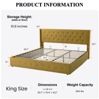 Sha Cerlin King Size Lift Up Storage Bedbutton Tufted Wingback Headboardhydraulic Storageupholstered Platform Bed Frameno Bo