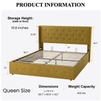 Sha Cerlin Queen Size Lift Up Storage Bedbutton Tufted Wingback Headboardhydraulic Storageupholstered Platform Bed Frameno B